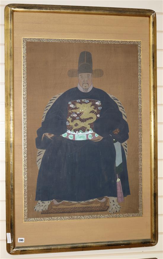 A Chinese gouache on silk ancester portrait, 91 x 60cm